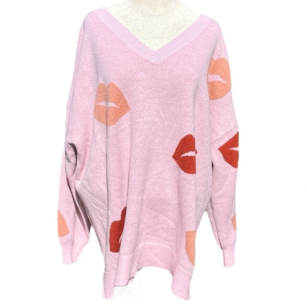 Bloomchic kiss prints v neck sweater, pink, women’s size 18-20
